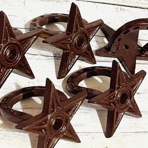 Set of 6 Cast Iron Western Napkin Rings Star Horseshoe